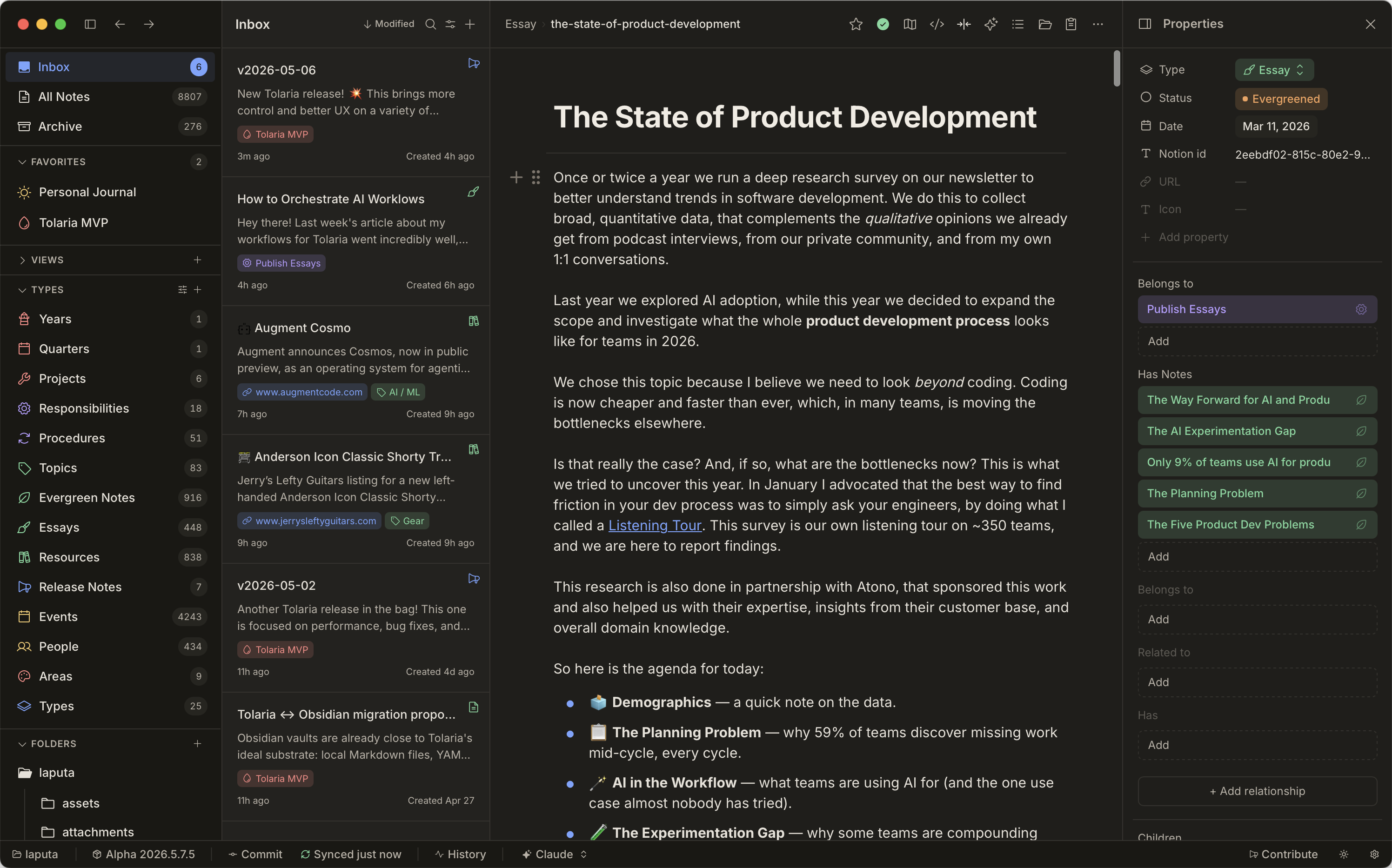 Tolaria app in dark mode